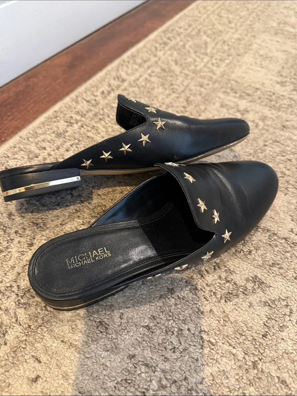Michael Kors Black Leather Star-Stud Slide Mules